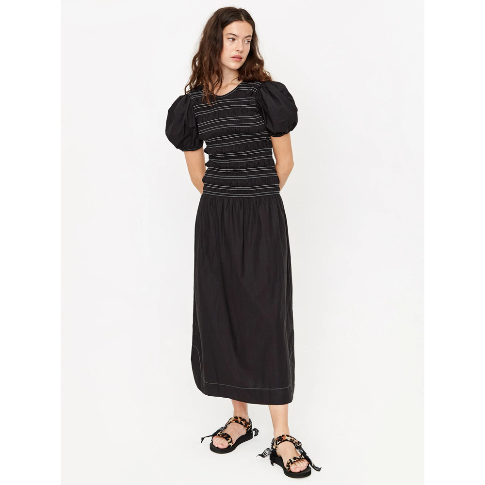 Ganni Black Poplin Contrast Smocked Dress - 40